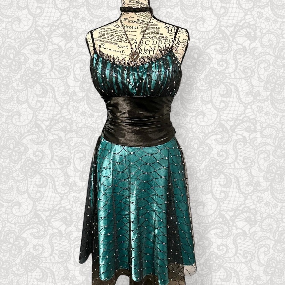 Blue-Green Vintage Party Dress w/ Mesh Tulle Overlay
